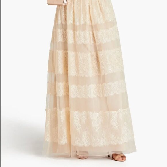 Mikael Aghal Off The Shoulder Corded Lace Maxi Dress Gown Champagne 6 NWT - Picture 2 of 7